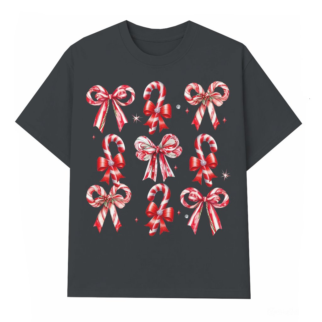 Cute Candy Cane Bow T-shirt – Christmas Gift for Her - front view