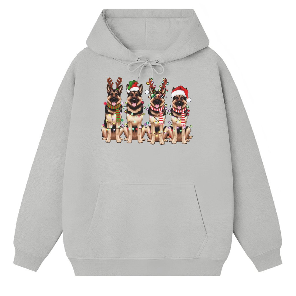 Cute German Shepherd Hoodie – Christmas Santa Hat Lights Gift - front view