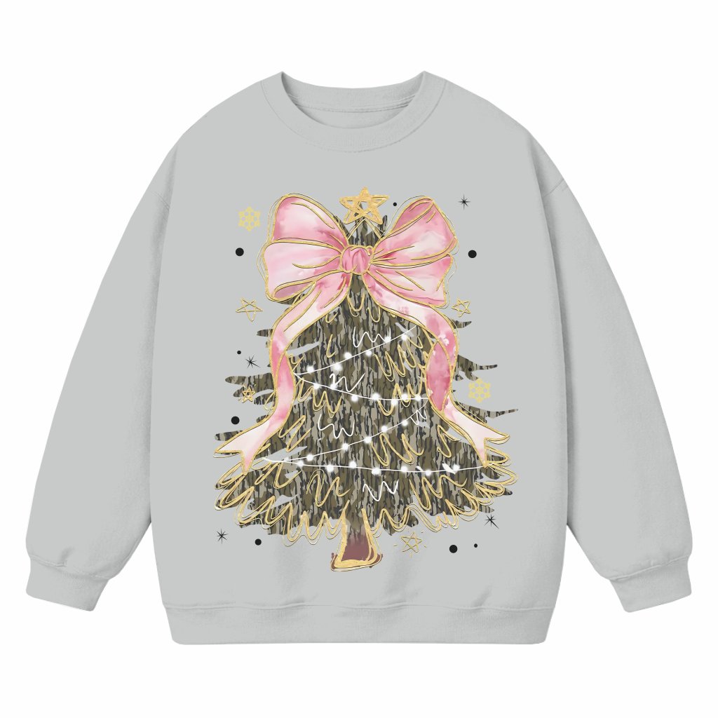 Camo Coquette Bow Sweatshirt – Christmas Gift for Women Glitter Tree Lights - front view