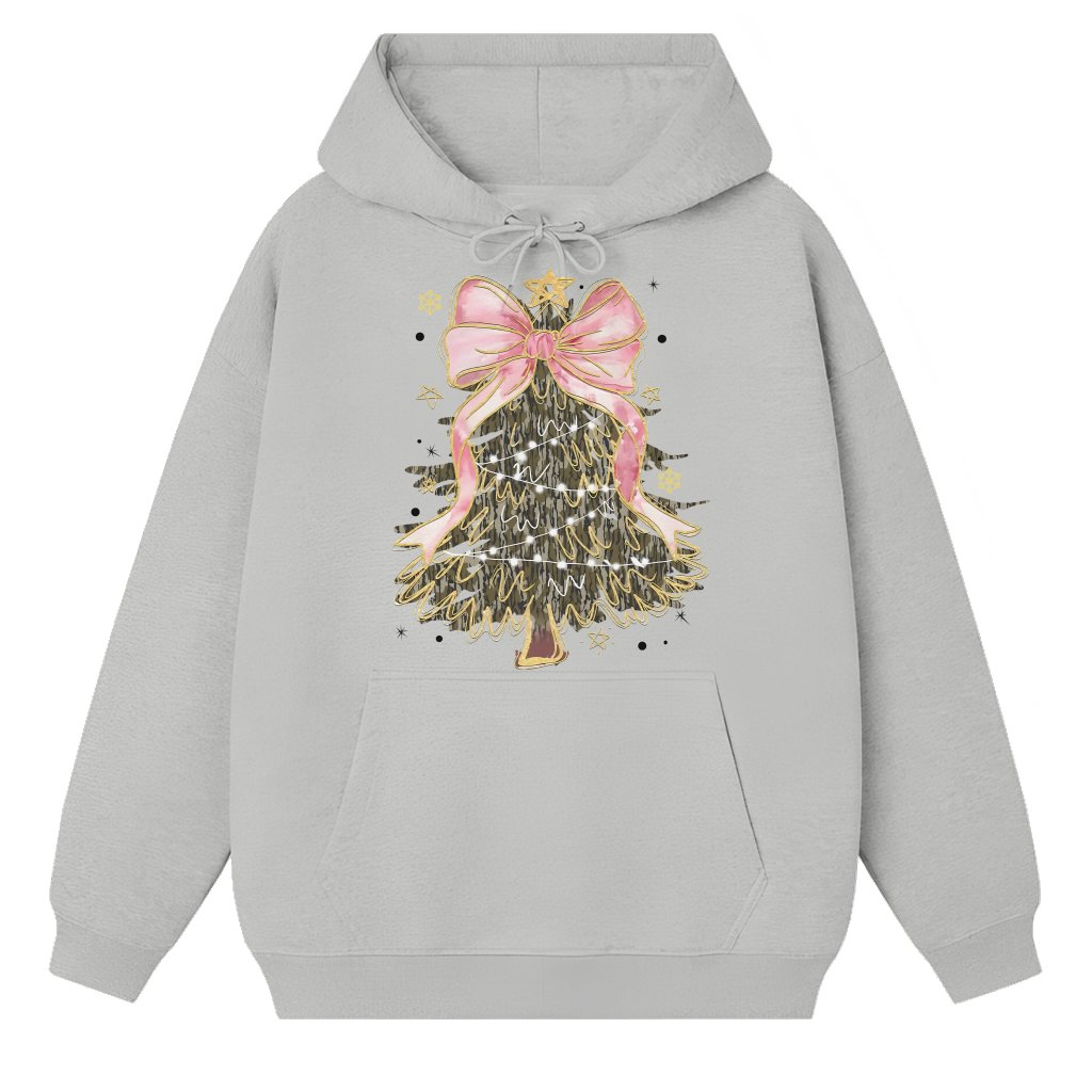 Camo Coquette Bow Hoodie – Christmas Gift for Her Glitter Tree - front view