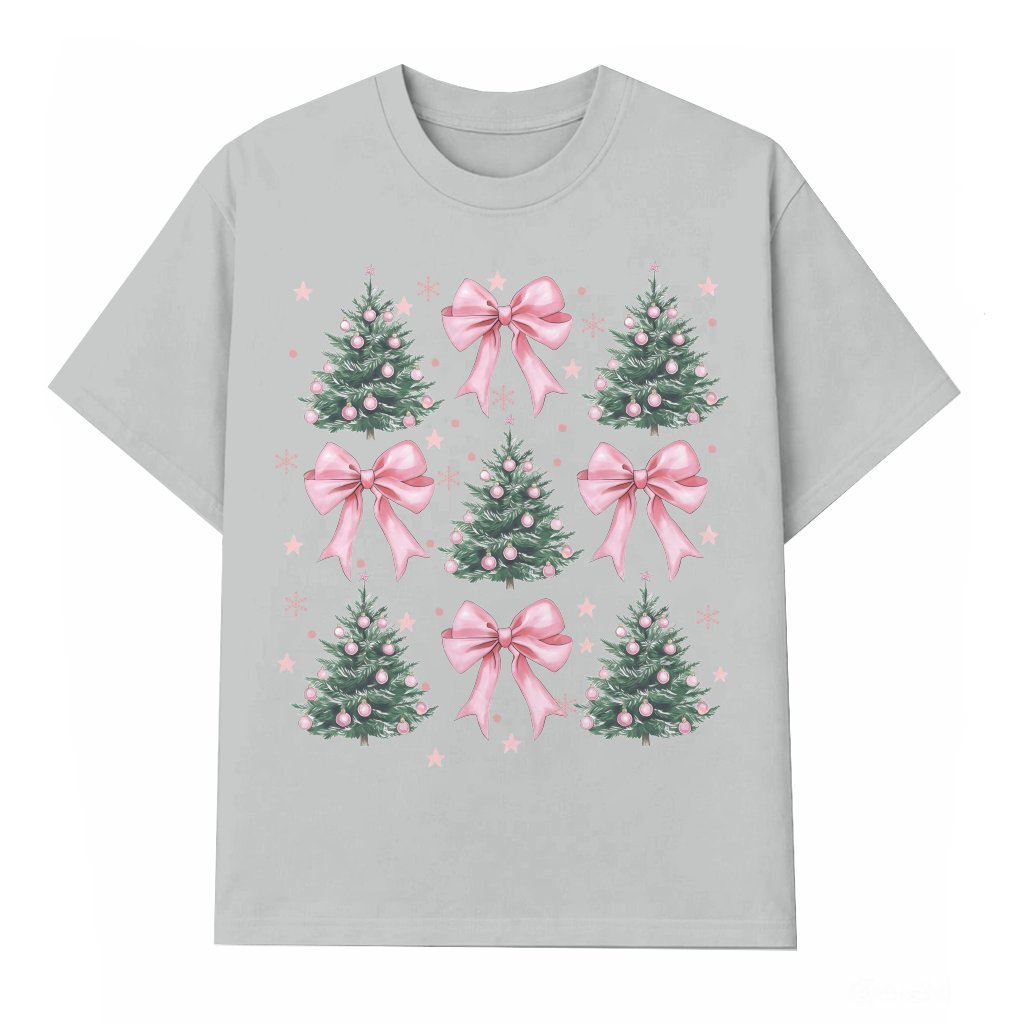 Pink Coquette Christmas Tree Retro Bow T-shirt – Christmas Gift for Her - front view