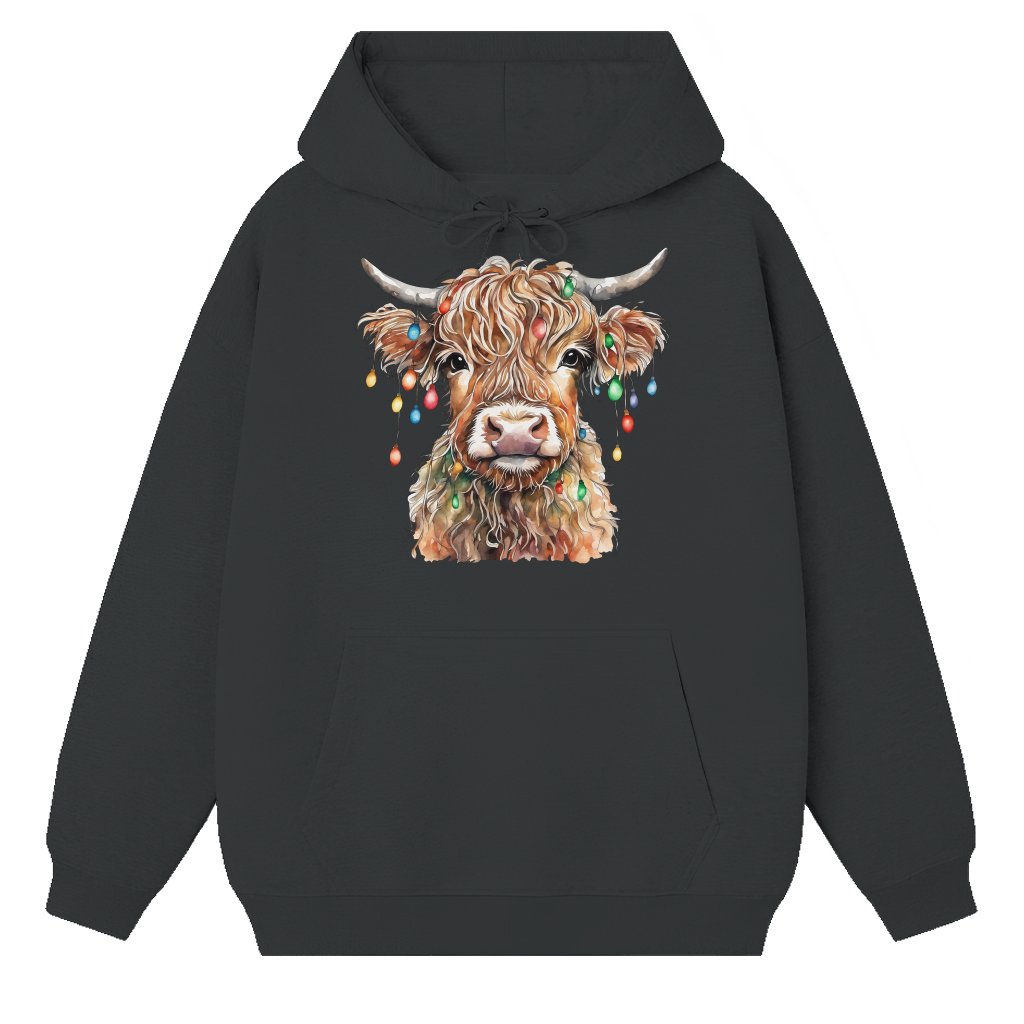 Christmas Cow Hoodie – Christmas Gift for Cow Lovers Highland Cow Lights Cute - front view
