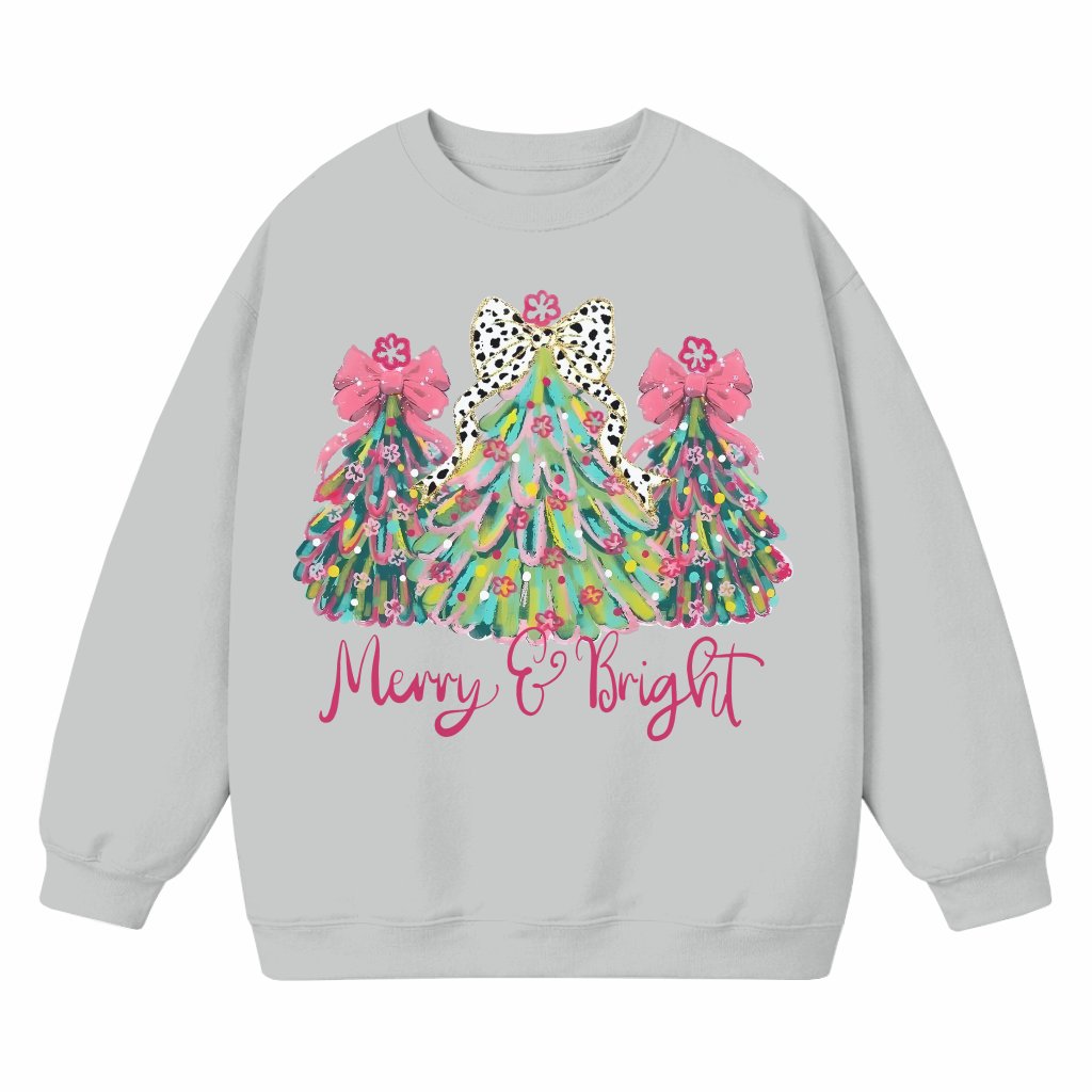 Merry Bright Christmas Tree Sweatshirt – Christmas Gift Coquette Bow Dalmatian Dots Trendy - front view