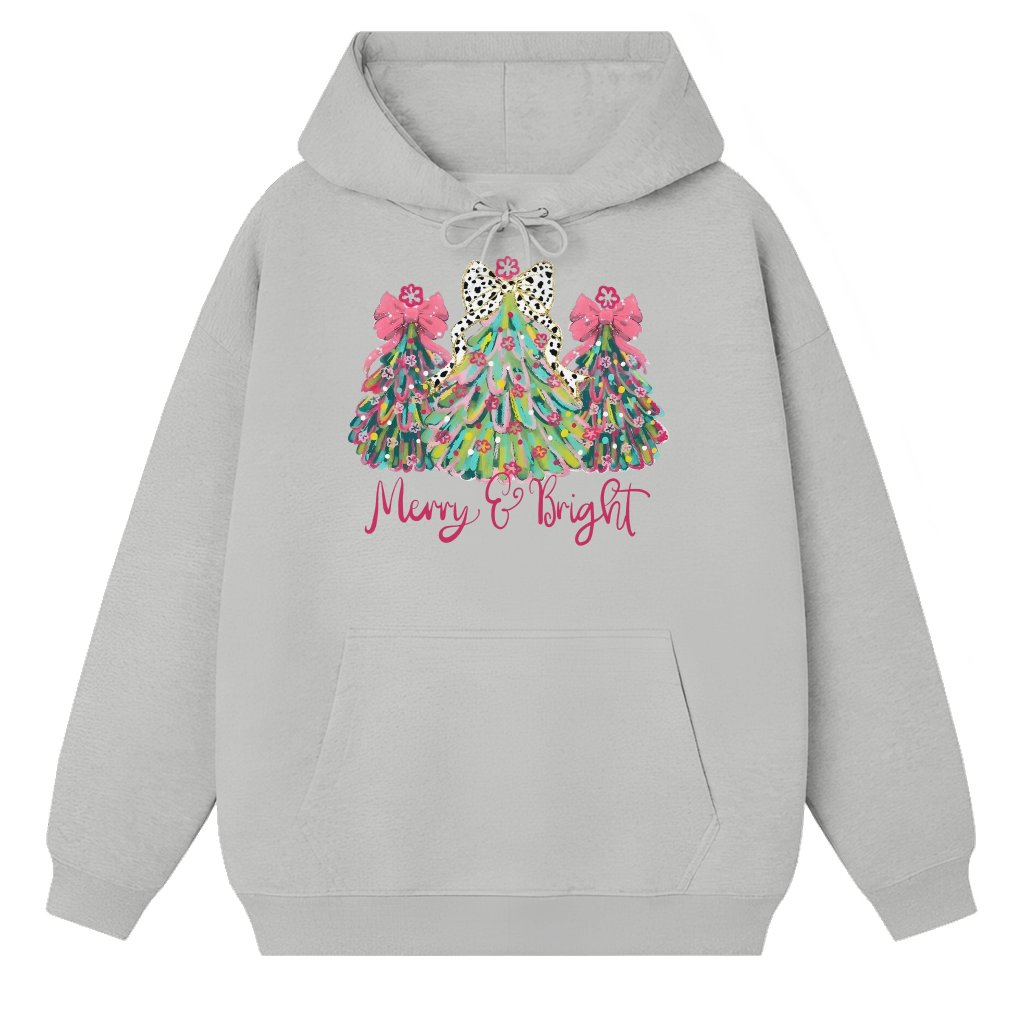 Merry Bright Christmas Tree Hoodie – Christmas Gift for Her Coquette Bow Colorful Brushstroke - front view