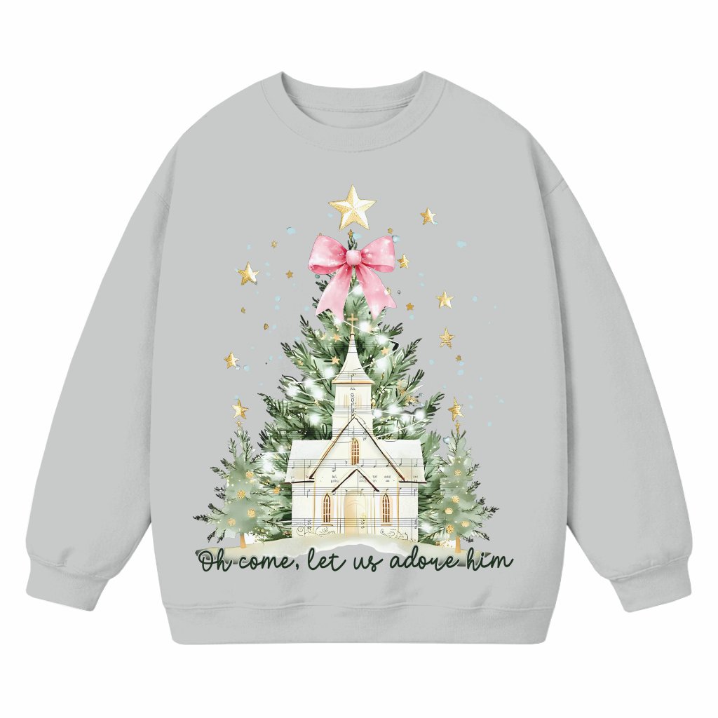 Adore Him Sweatshirt – Christmas Gift Watercolor Tree Coquette Bow - front view