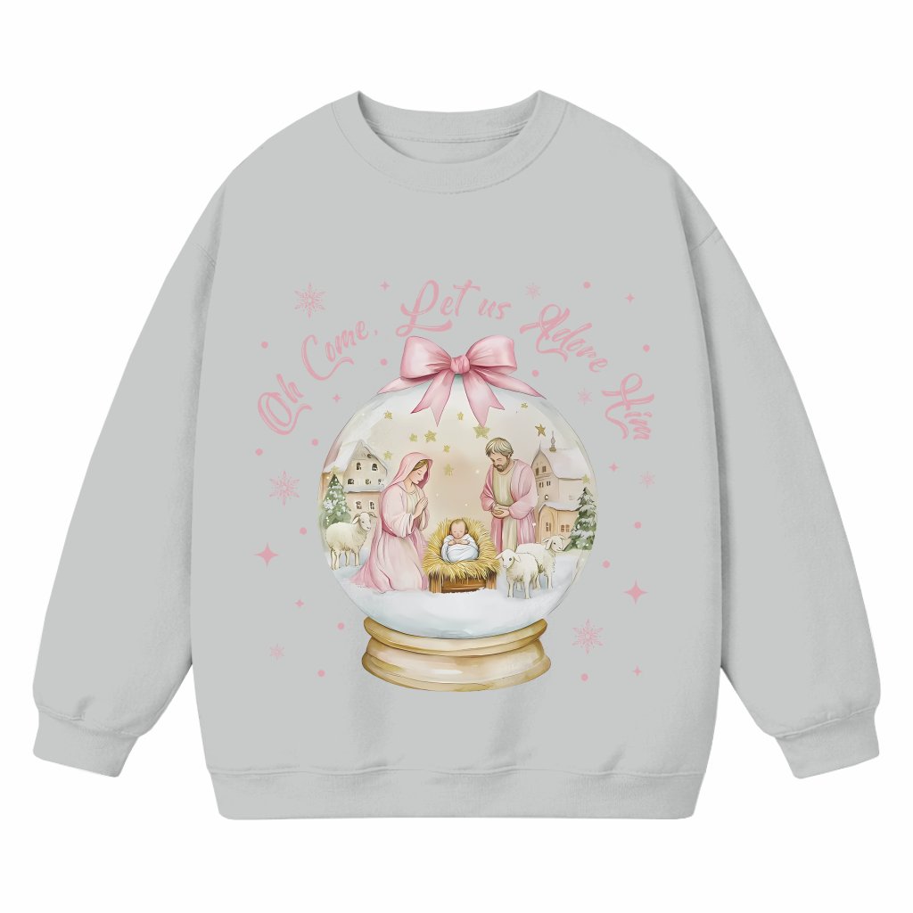 Adore Him Nativity Sweatshirt – Christmas Gift for Her Coquette Bow - front view