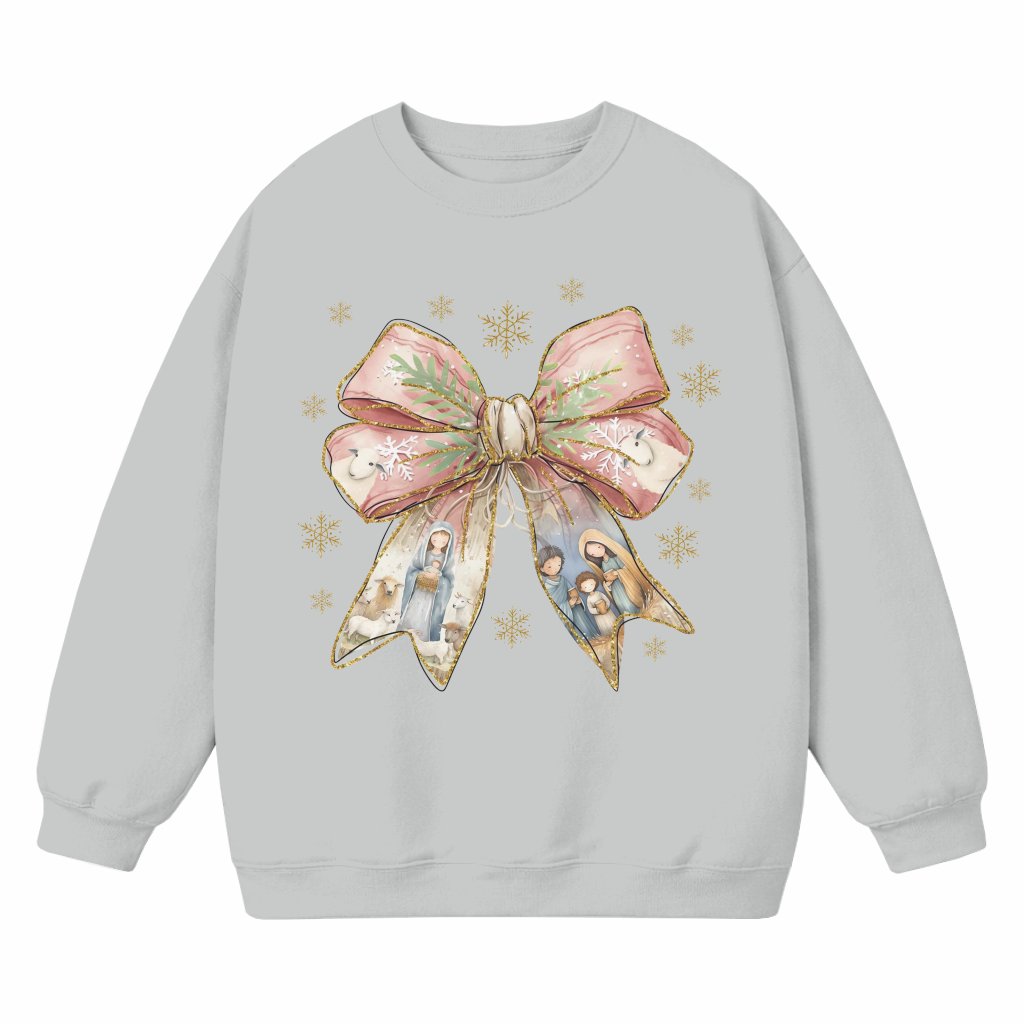 Christian Nativity Coquette Bow Sweatshirt – Christmas Gift for Her - front view
