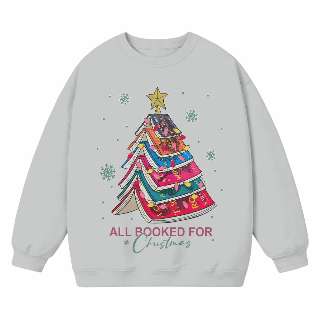 All Booked For Christmas Sweatshirt – Christmas Gift for Librarian Cute Book Tree - front view
