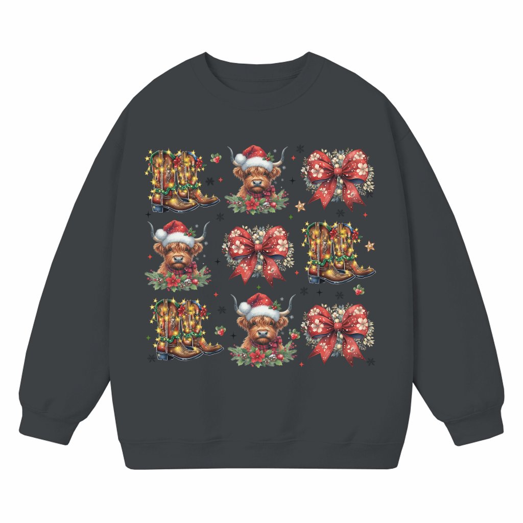 Highland Cow Red Boots Bows Sweatshirt – Christmas Gift for Her Cute Trendy - front view