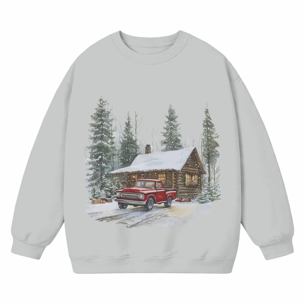 Retro Red Pickup Truck Sweatshirt – Christmas Gift Vintage Winter Cabin Scene - front view