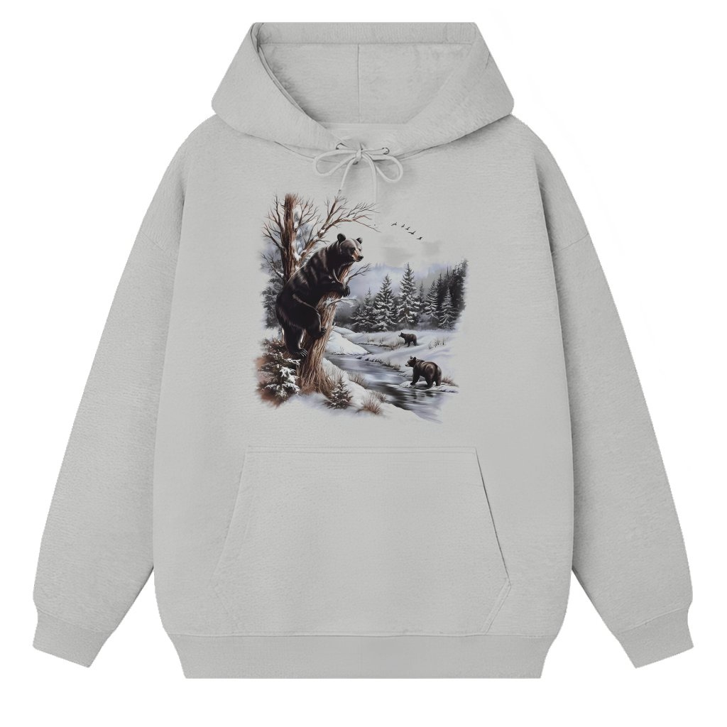 Black Bear Winter Scene Hoodie – Winter Gift for Him Her Vintage 90s Retro - front view