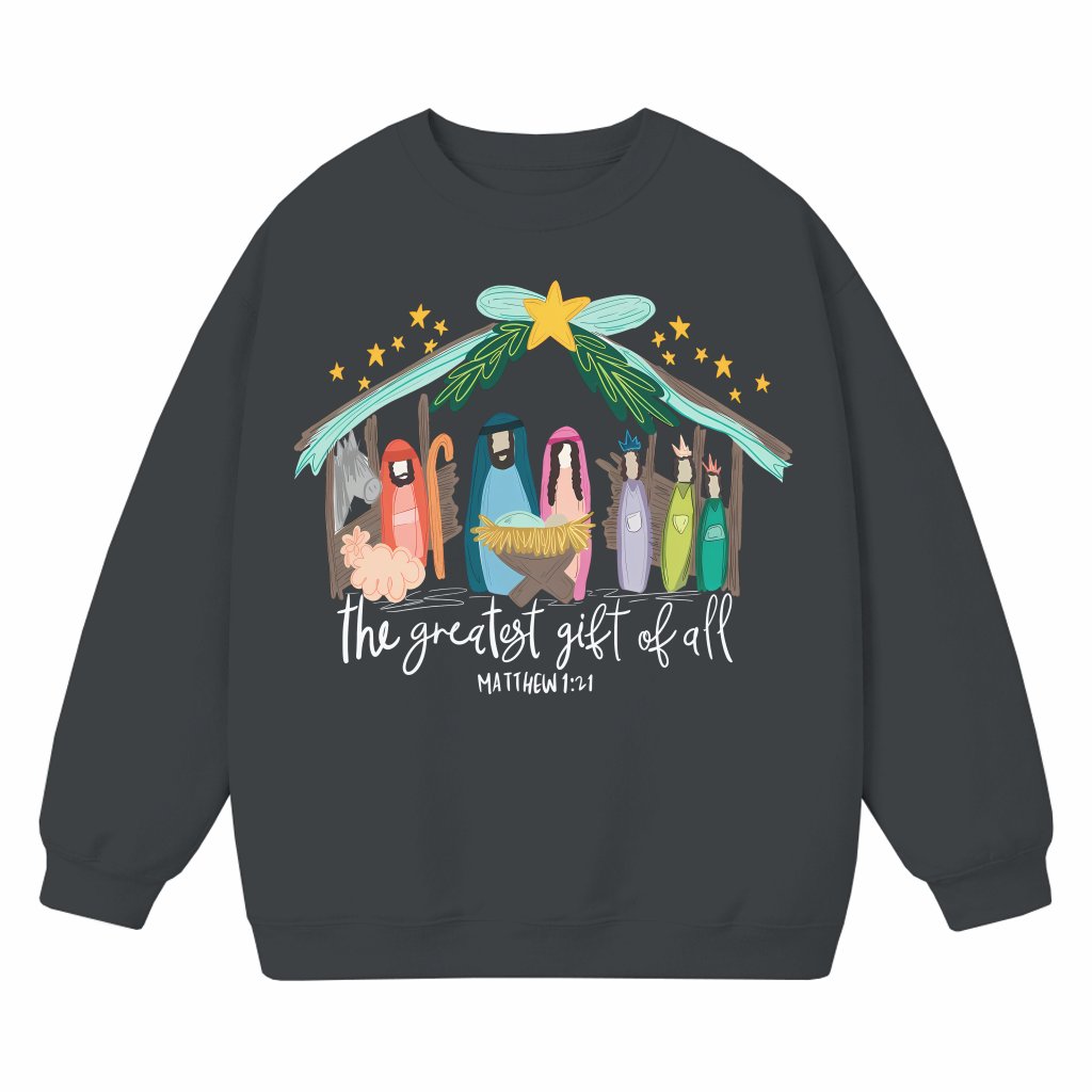 Christian Nativity Scene Sweatshirt – Christmas Gift Religious Bible Verse - front view