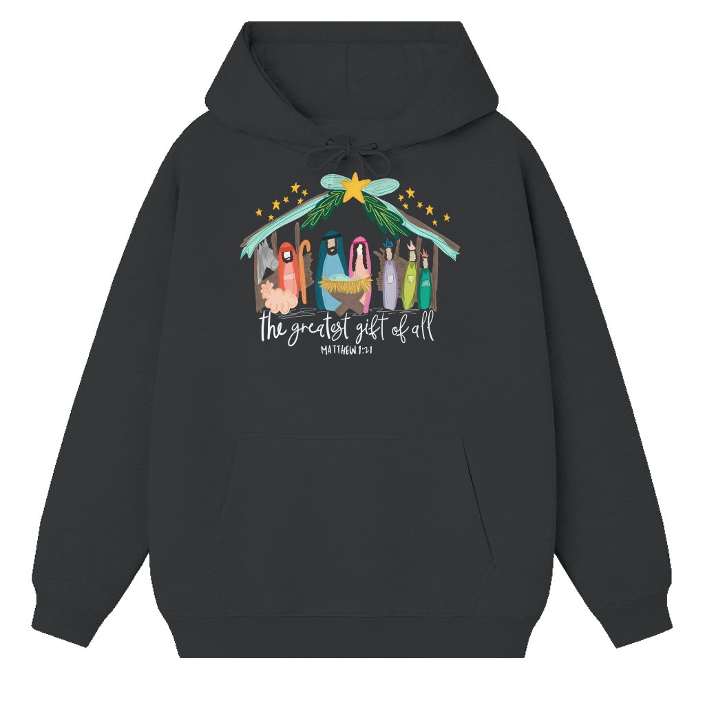Nativity Scene Bible Verse Hoodie – Christmas Gift Christian Classic - front view