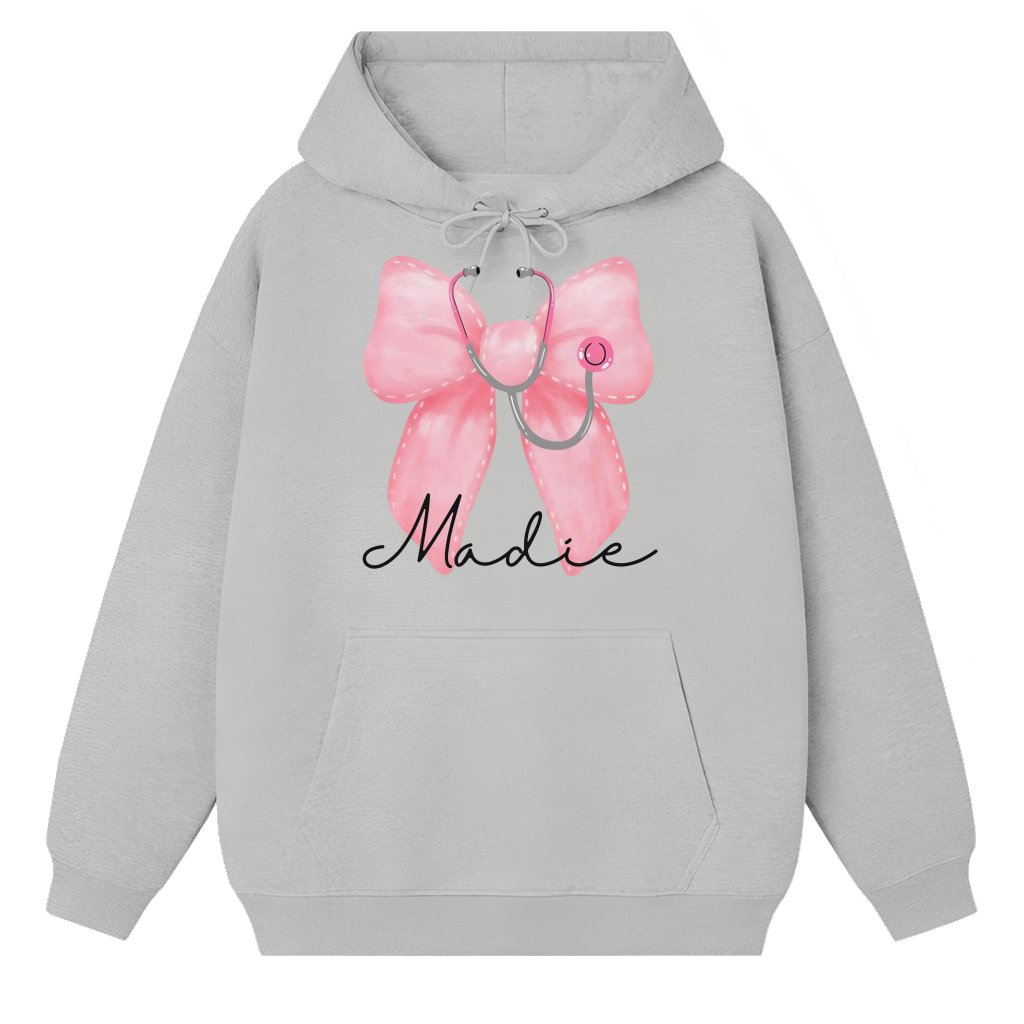 Coquette Nurse Hoodie – Christmas Gift for Nurse Pink Bow Stethoscope Personalized - front view