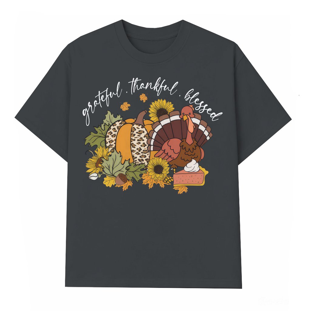Grateful Thankful Blessed T-shirt – Thanksgiving Turkey Fall Gift for Family - front view