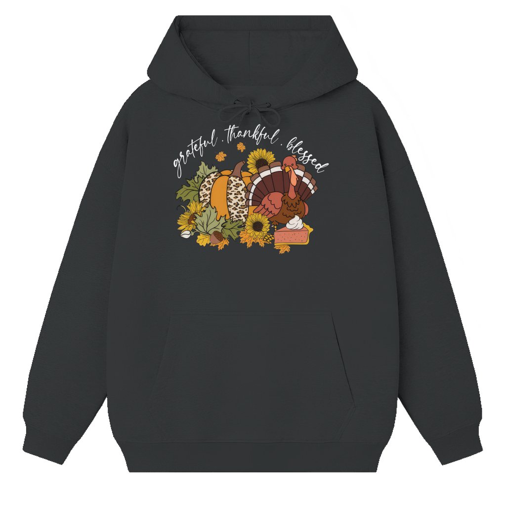 Grateful Thankful Blessed Turkey Hoodie – Thanksgiving Autumn Gift - front view