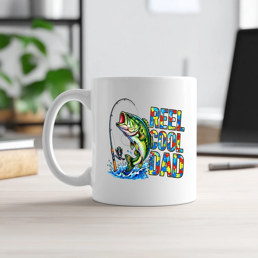 Reel Cool Dad Fishing White Mug – Father's Day Gift for Dad Autism Awareness - front view
