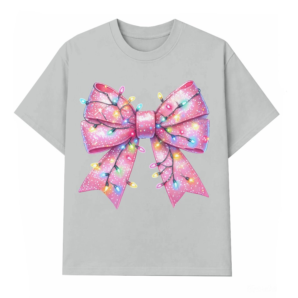 Bowknot Print T-shirt – Christmas Thanksgiving Gift for Women Cute Drop Shoulder - front view