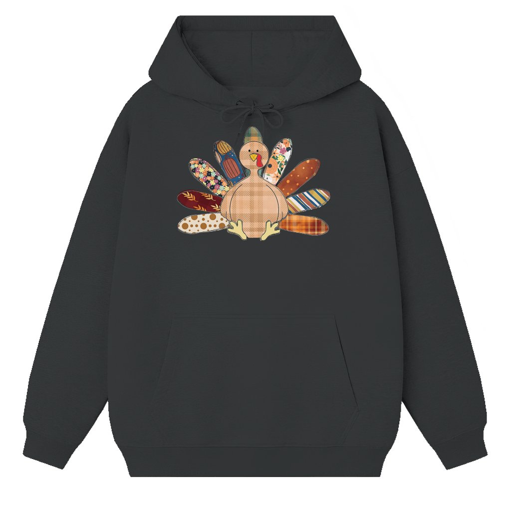 Turkey Patchwork Hoodie – Thanksgiving Fall Gift for Family Cozy Plus Sizes - front view