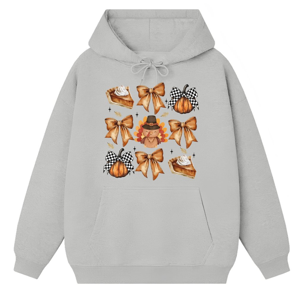Pumpkin Bow Turkey Hoodie – Thanksgiving Gift for Her Coquette Trendy - front view