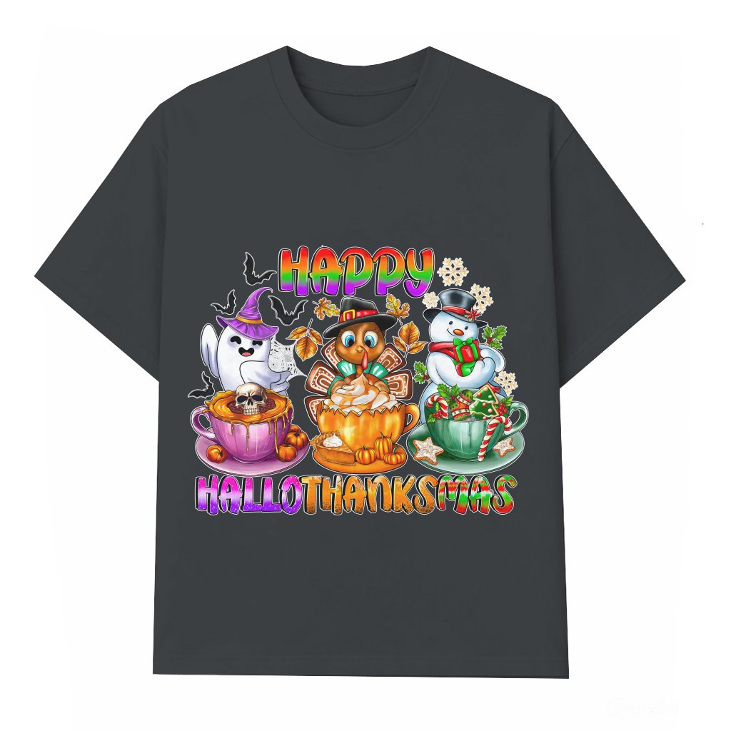 Happy Hallothanksmas T-shirt Halloween Thanksgiving Christmas – Funny Gift for Men Women - front view