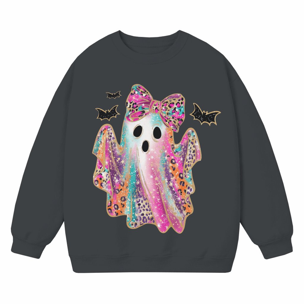 Cute Leopard Bow Ghost Sweatshirt – Halloween Fall Gift for Women Glitter Bat - front view