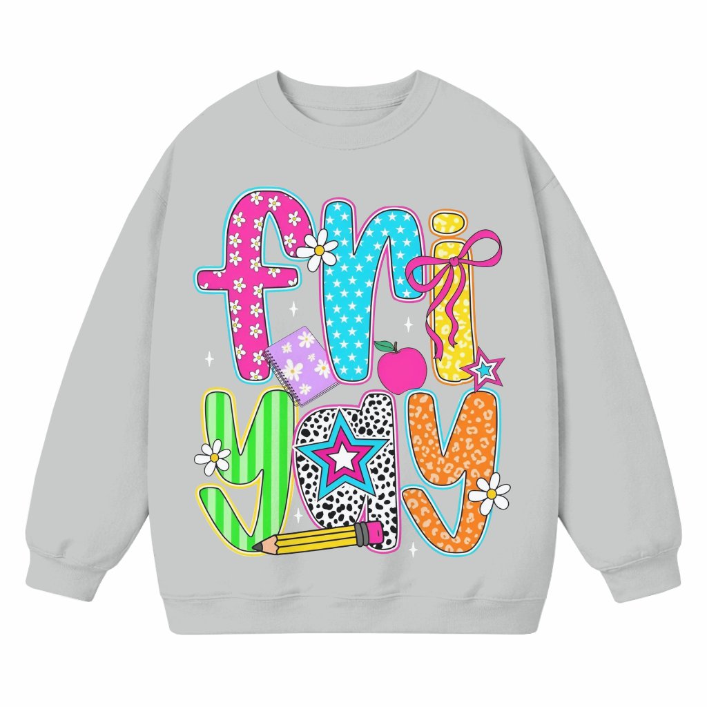 Happy Friyay Sweatshirt – Teacher Appreciation Gift for Teacher Funny Retro Coquette Pencil - front view