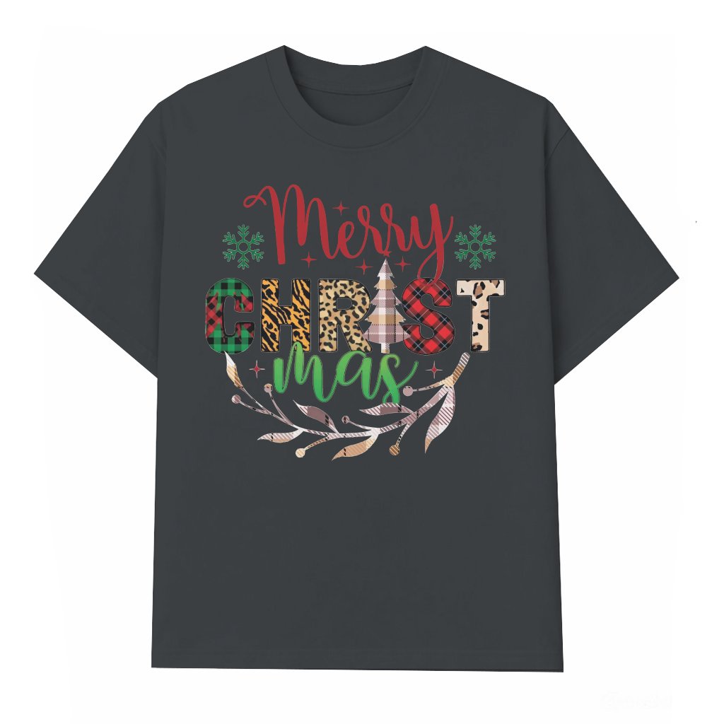 Merry Plaid Leopard T-shirt Christmas – Festive Holiday Graphic Design Gift - front view