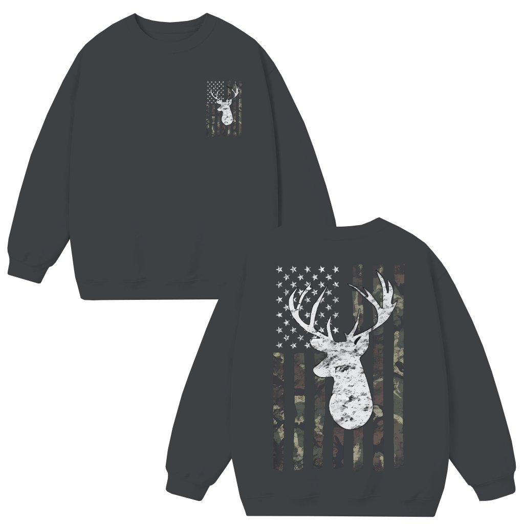 Hunting Sweatshirt – Rustic Deer Camo Flag Gift for Men - front view