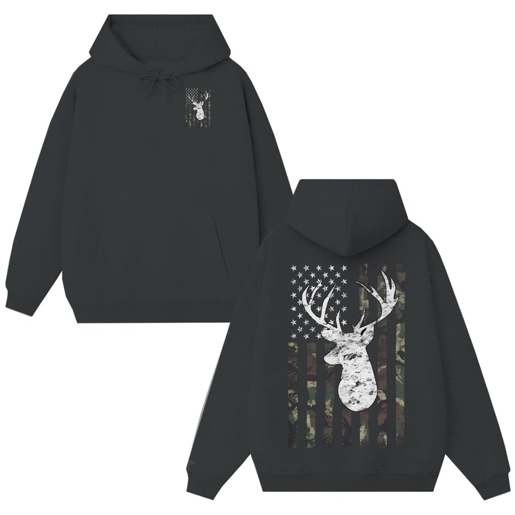 Hunting Hoodie – Gift for Men Rustic Deer Camo Flag - front view