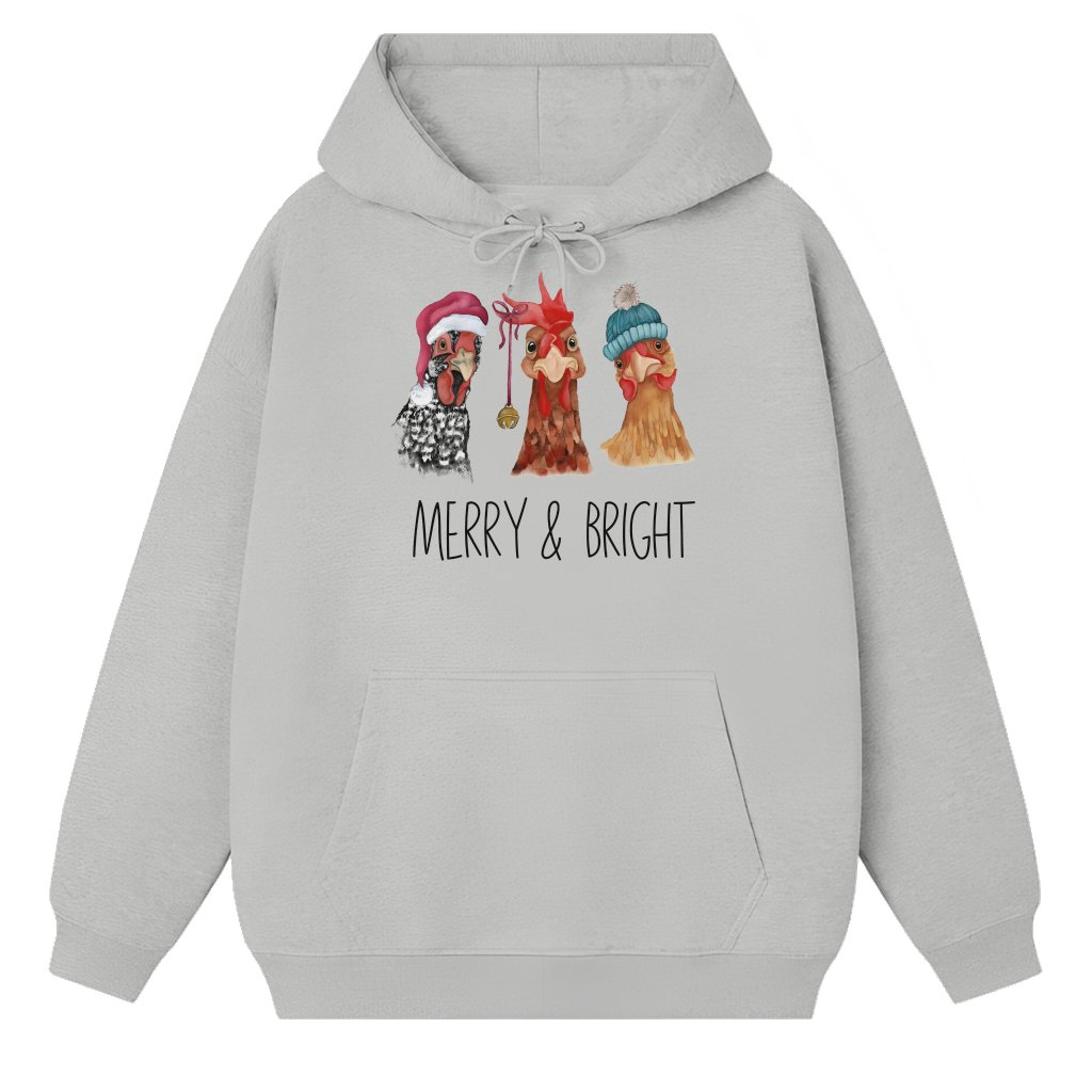 Merry & Bright Retro Chicken Hoodie – Christmas Gift for Farm Lover - front view