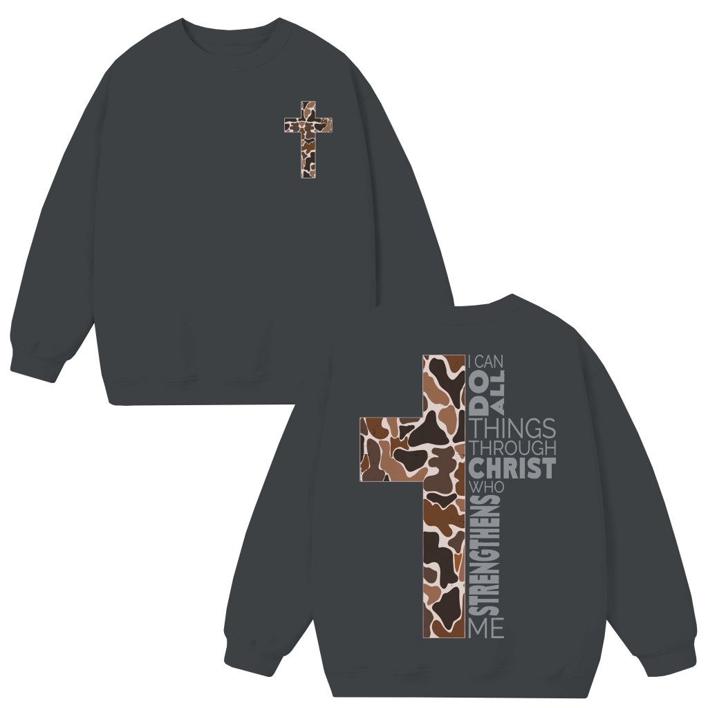 Christian Camo Cross Sweatshirt with Philippians 4:13 Verse, Perfect for Believers, Cozy and Comfortable - front view