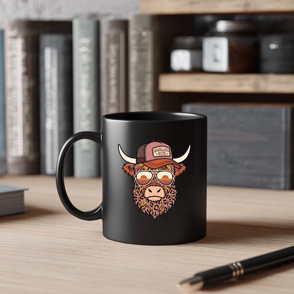 Camo Highland Cow Black Mug – Father's Day Gift for Dad - front view