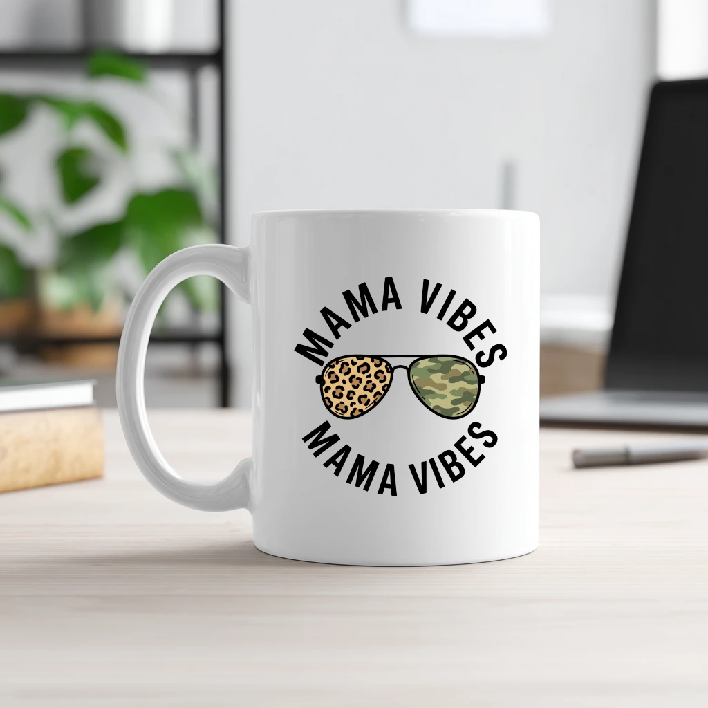 Mama Vibes White Mug – Gift for Mom Leopard Camo Sunglasses - front view