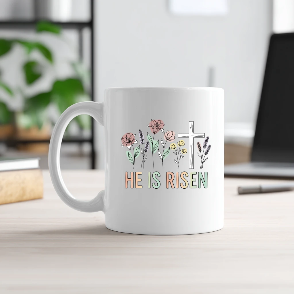 He Is Risen Wildflower White Mug – Easter Gift for Women Vintage - front view