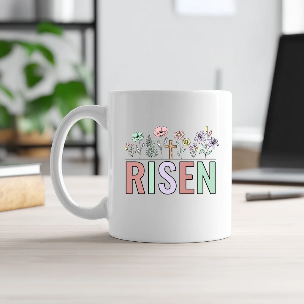 Risen White Mug – Easter Christian Gift Floral - front view
