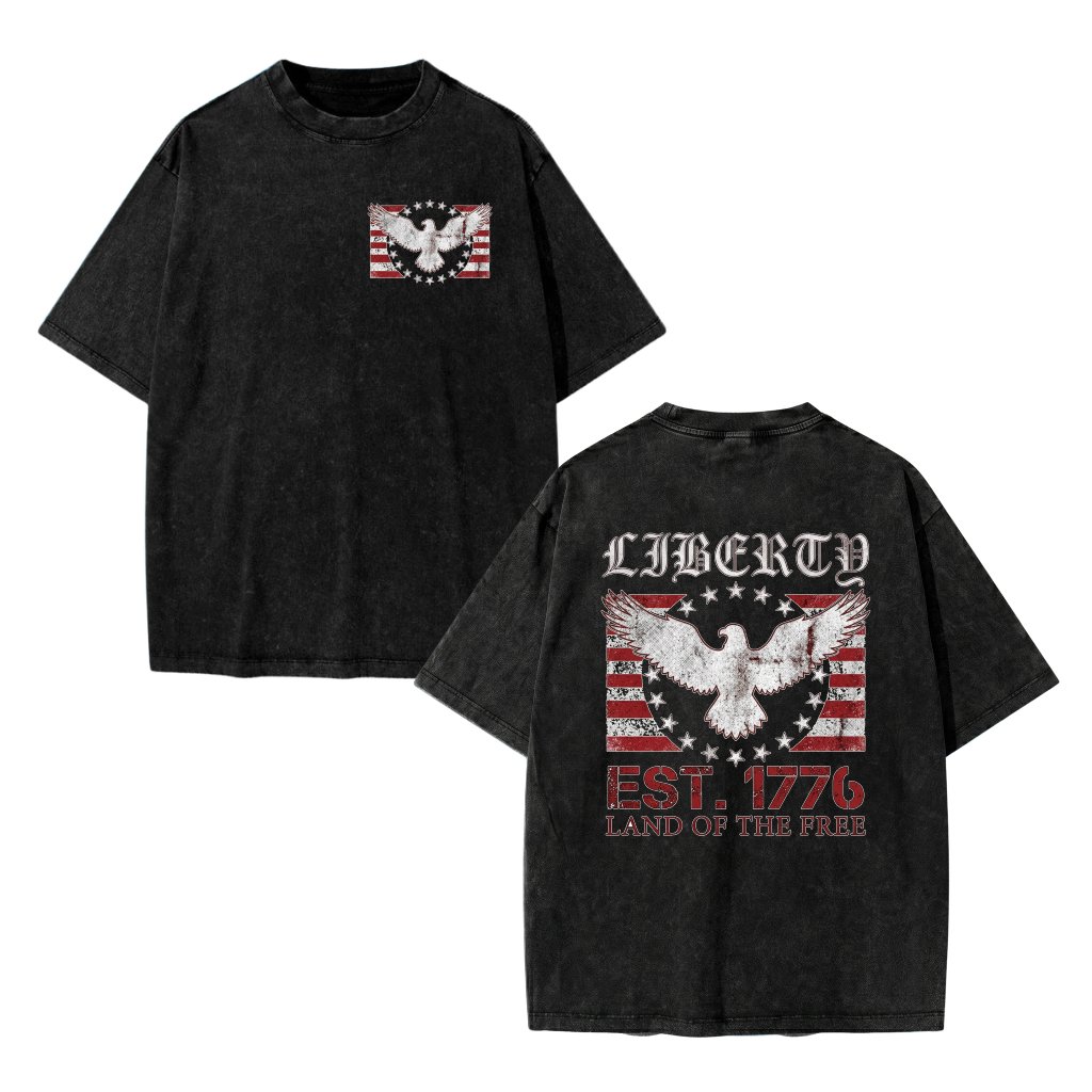 Vintage Liberty Eagle Wash Tee – 4th of July Land of the Free Gift for Him Her - front view