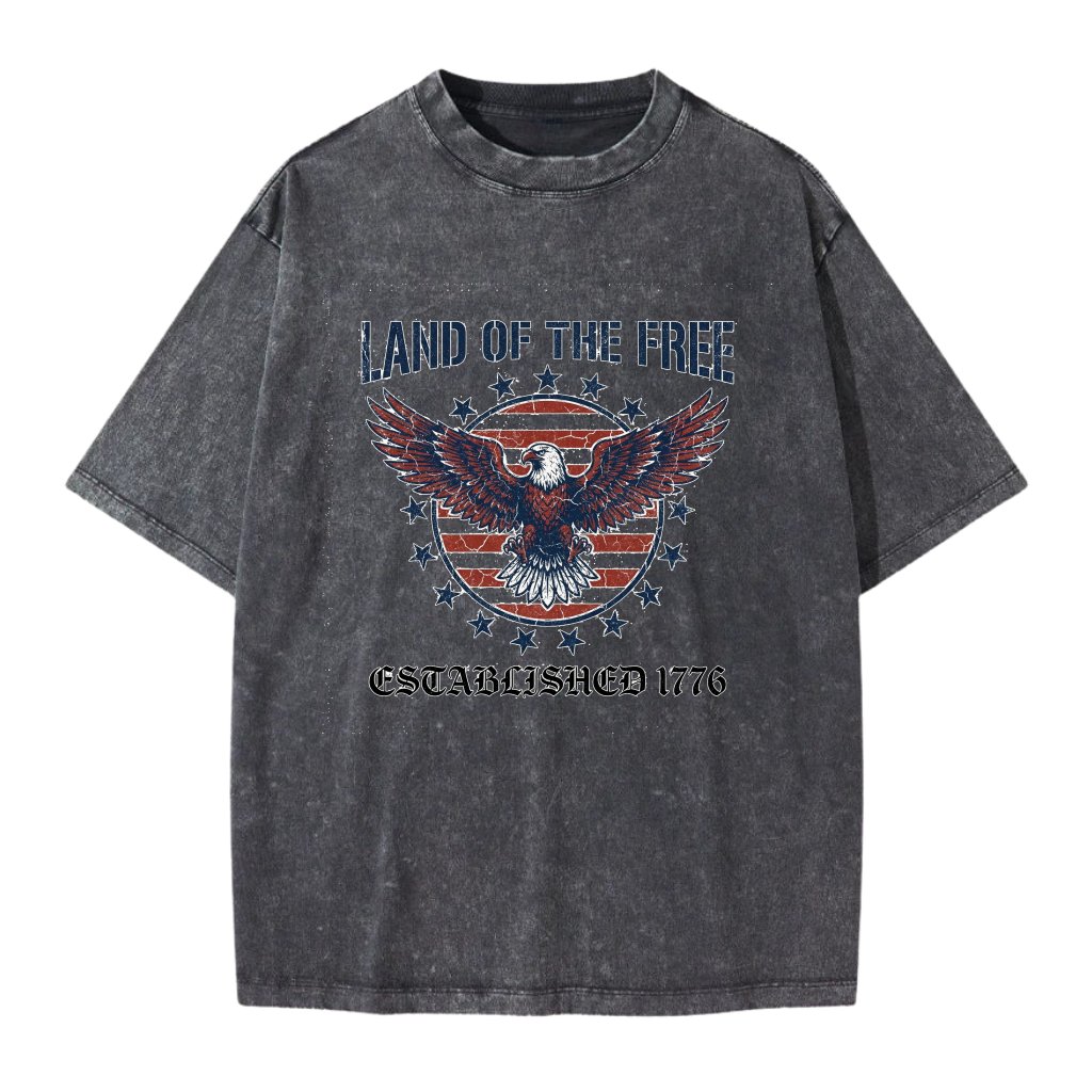 Land of the Free Patriotic Eagle Wash Tee – Independence Day Gift for Patriots Retro - front view