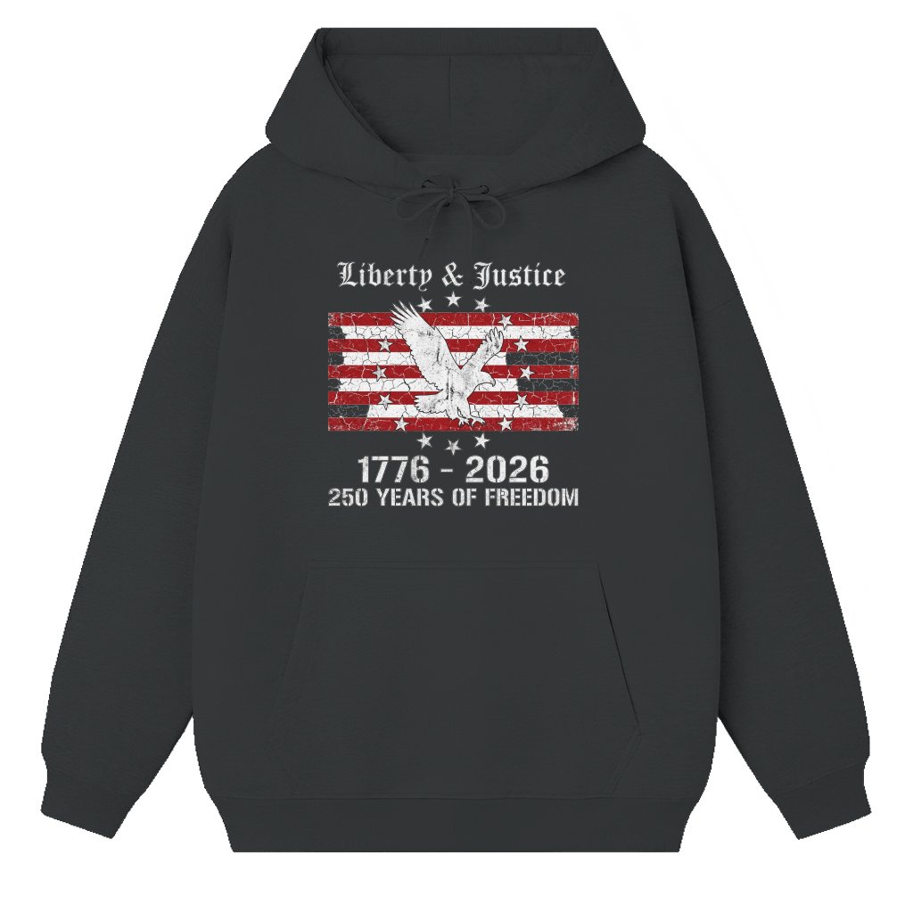 Liberty Justice USA Flag Hoodie – Patriotic Gift 250 Years Freedom Eagle Graphic - front view