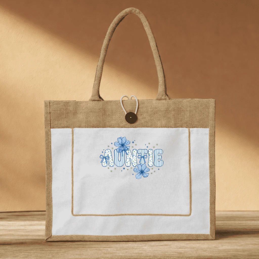 Blue Floral Striped Jute tote bag – Mother's Day Gift for Auntie Nana - front view