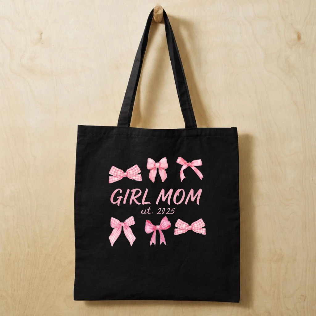 Girl Mom Tote Bag, Coquette Girl Mama est 2025 Graphic Printed on Tote Bag, Mother's Day Gift, Mama Birthday Gift - Cotton tote bag - front view