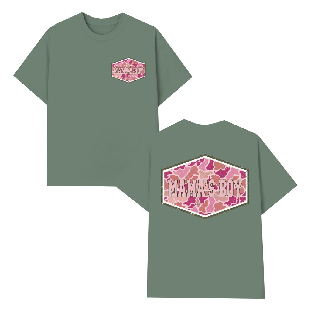 Mama's Boy Camo Tshirt - Camo Mama's Boy Hexagon Logo 2 sided Shirt - Mother's Day Gift for Hunting Mom - front view