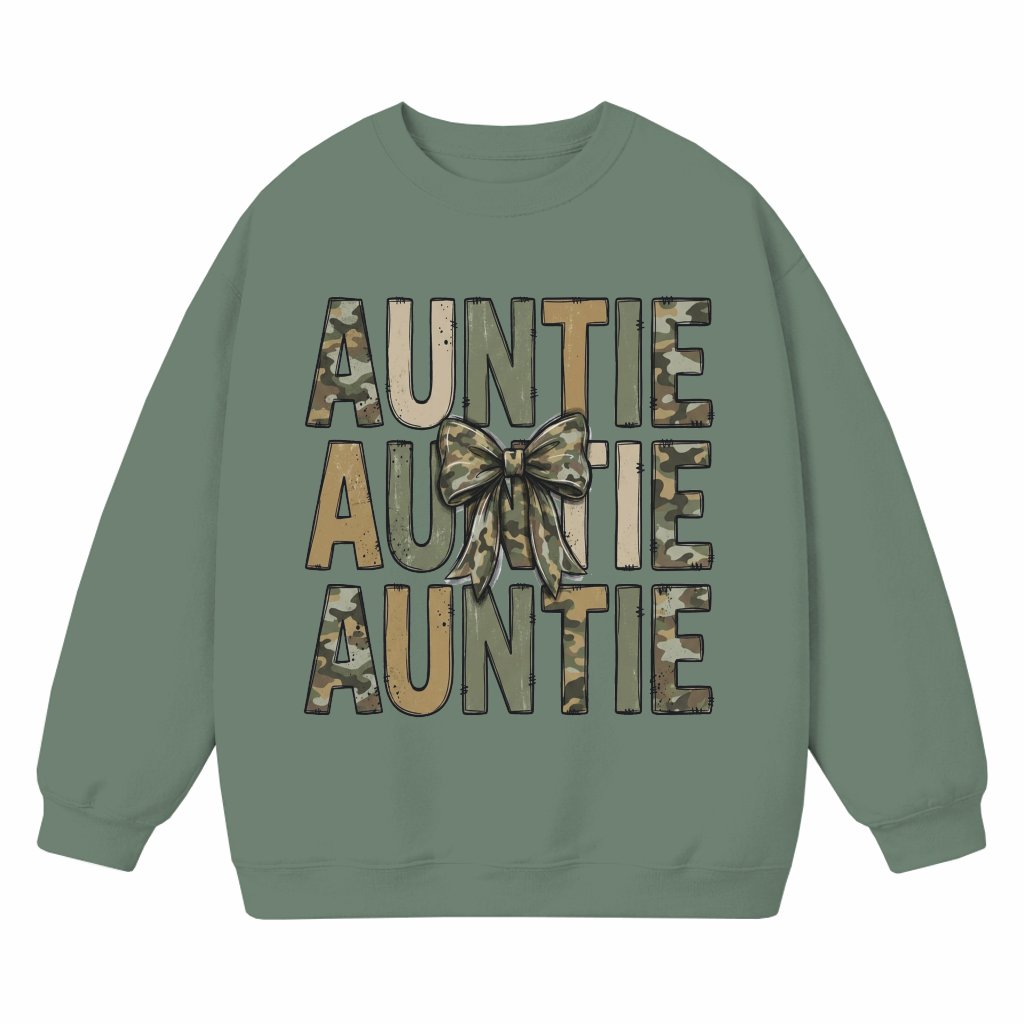 Camo Coquette Bow Auntie Sweatshirt - Hunting Auntie Shirt - Mother's Day Gift for Aunt - front view