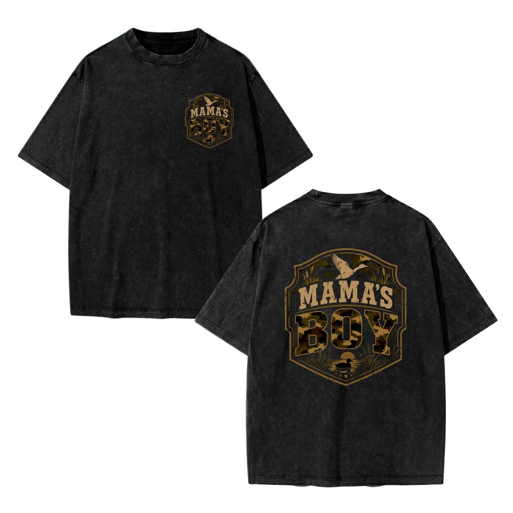 Old School Camo Mama's Boy Wash Tee - Duck Camo Hunting Graphic Shirt 2 sided - Perfect Mother's Day Gift - front view