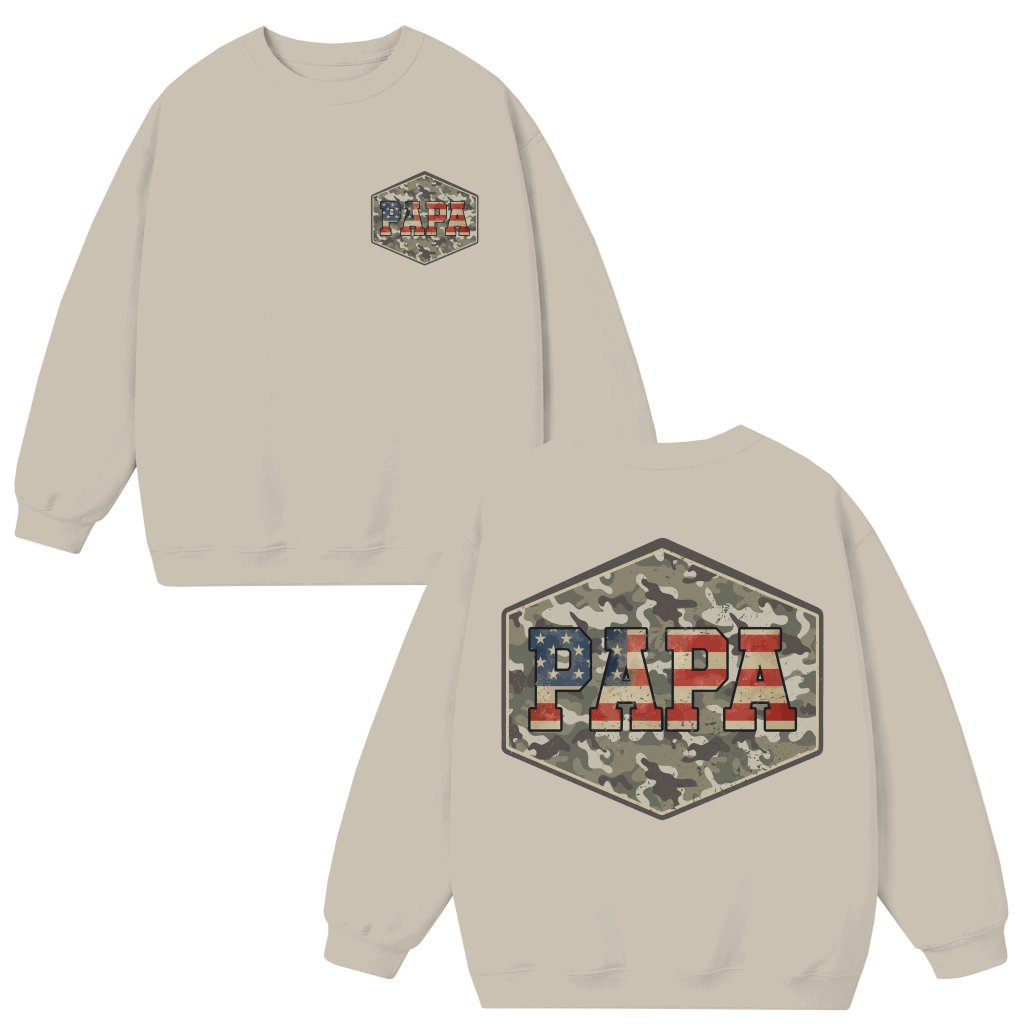 Camo Papa with American Flag Crewneck Shirt - Funny 4th of July Gift for Dad - front view