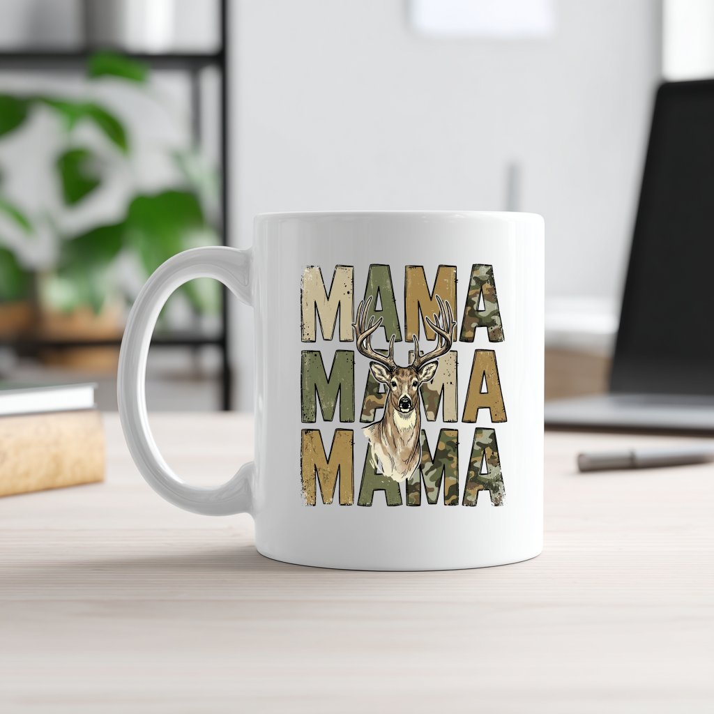 Vintage Camo Deer Mama Coffee Mug - Rustic Hunter Mom Gift for women - front view
