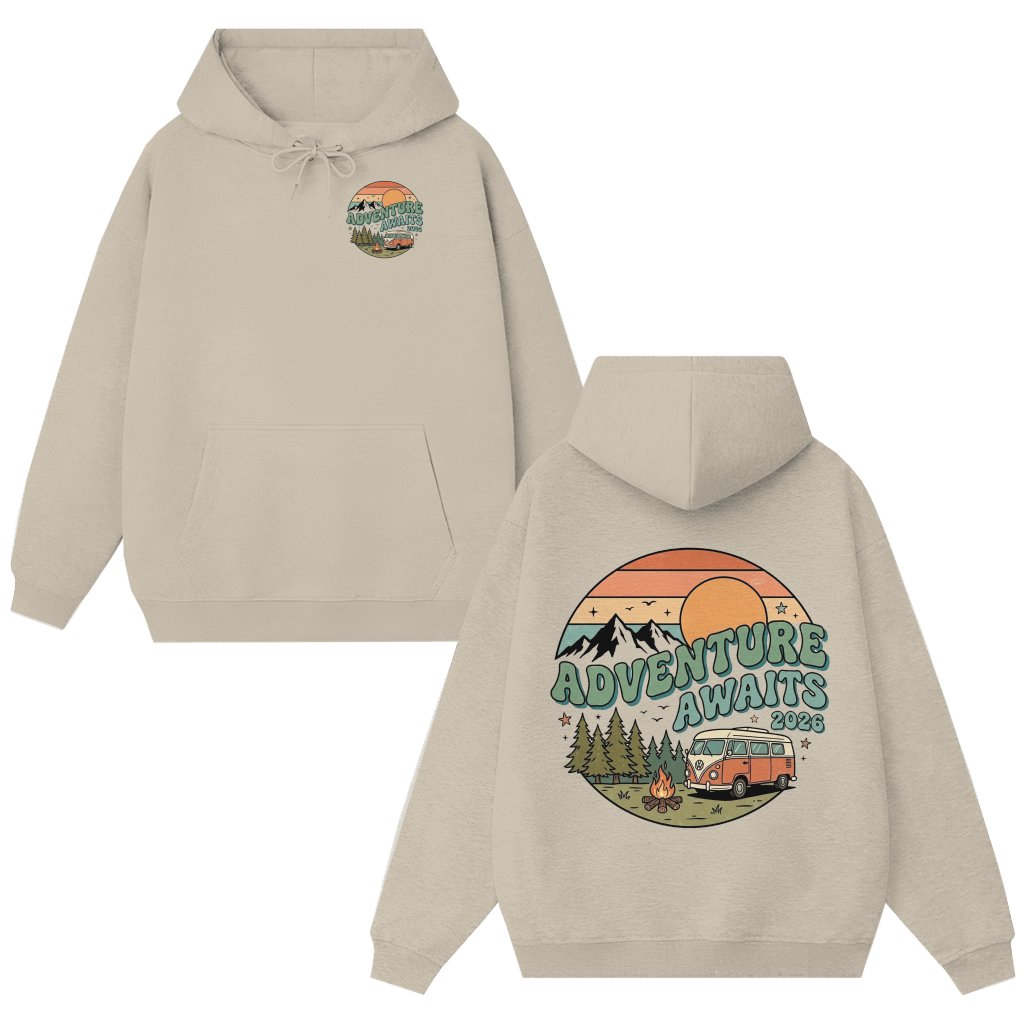 Vintage Adventure Awaits 2026 Hoodie - Camping Vacation Gift for Hiking Lovers - front view