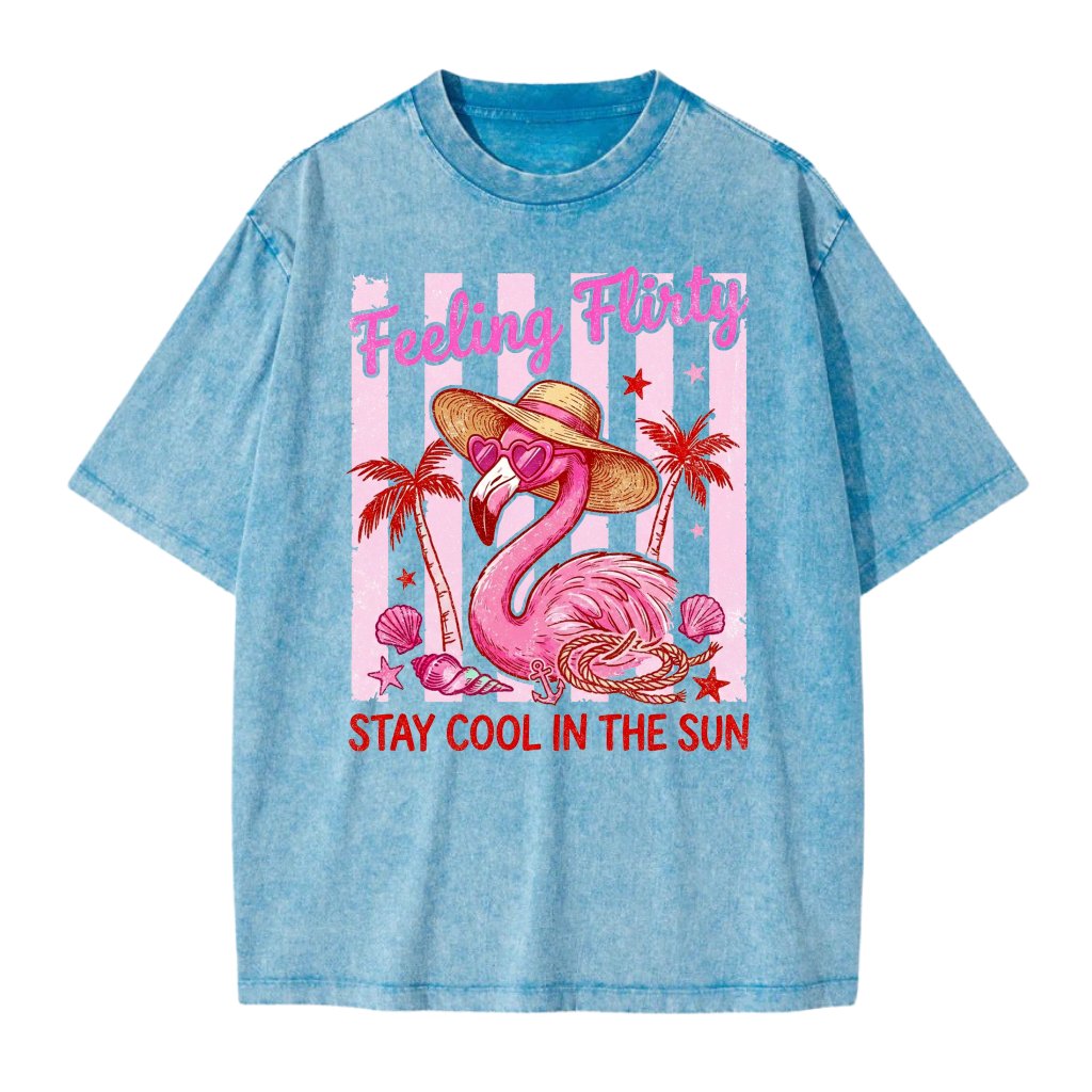 Cute Feeling Flirty Pink Flamingo Wash Tee - Tropical Beach Gift for Flamingo Lovers - front view