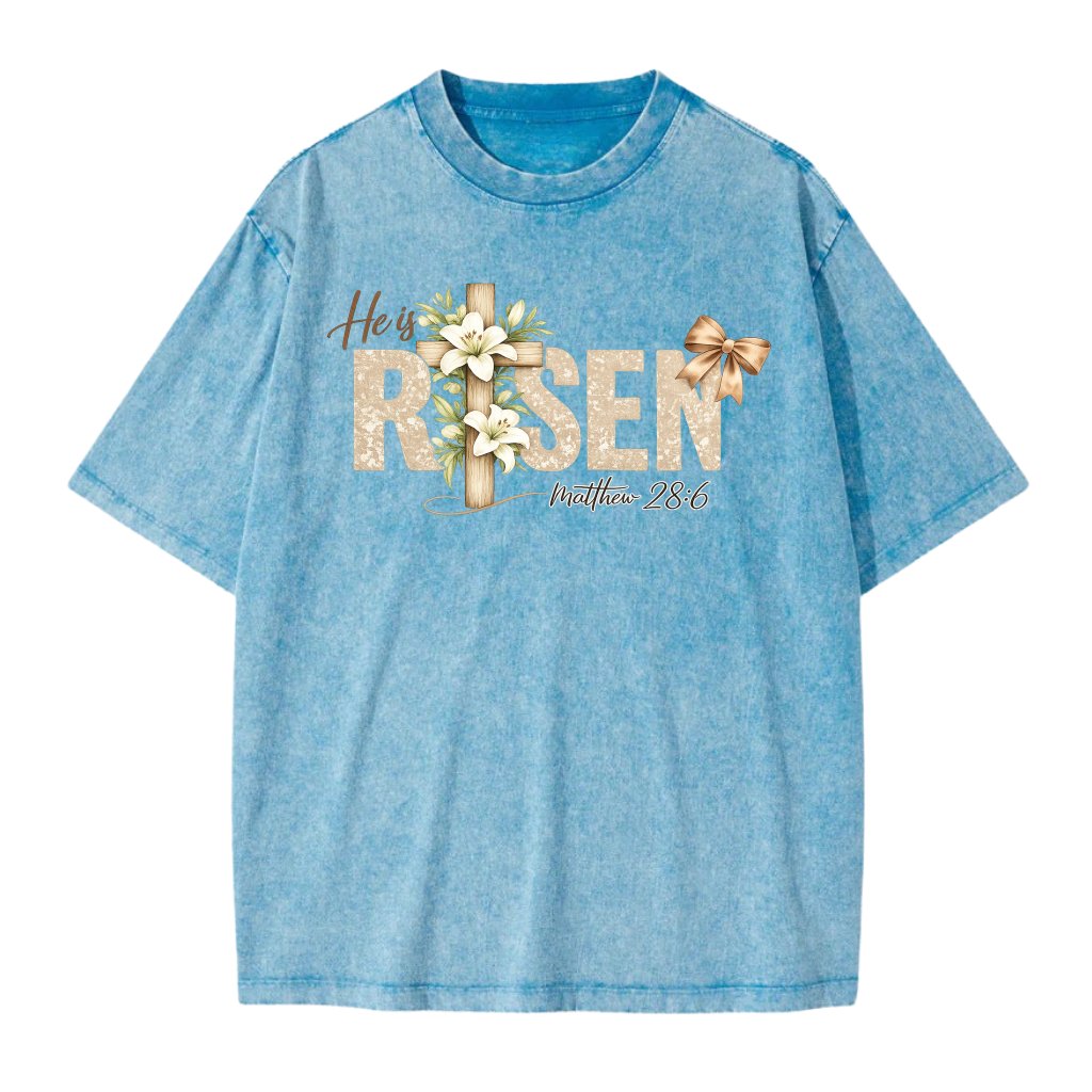 Floral Christian Cross He Is Risen Wash Tee for women - Cute Christian Gift for Jesus Lovers - front view