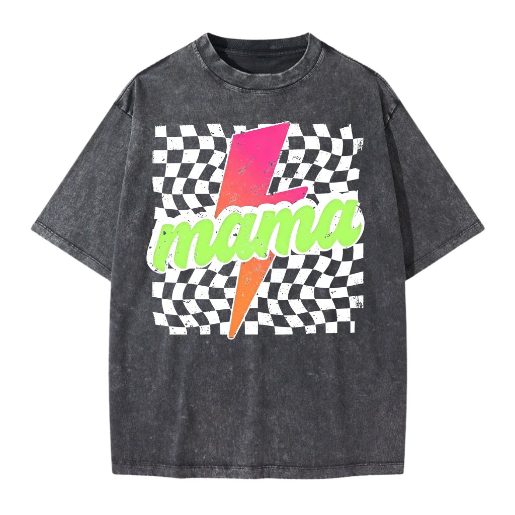 Retro Neon Checkered Mama Wash Tee - Mama Lightning Bolt Shirt - Mother's Day Gift for women - front view